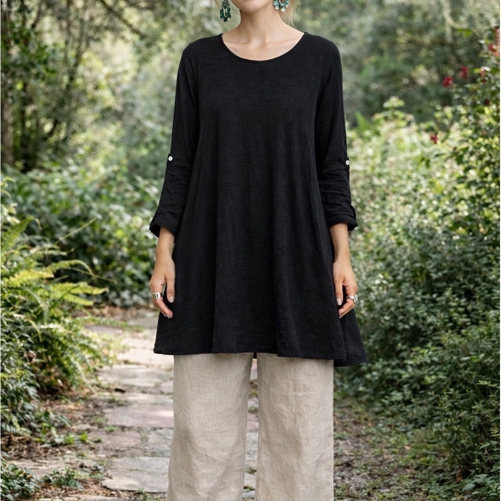Match Point Linen Black Long Sleeve Roll Tab Sleeve Tunic Dress Women's Size M?